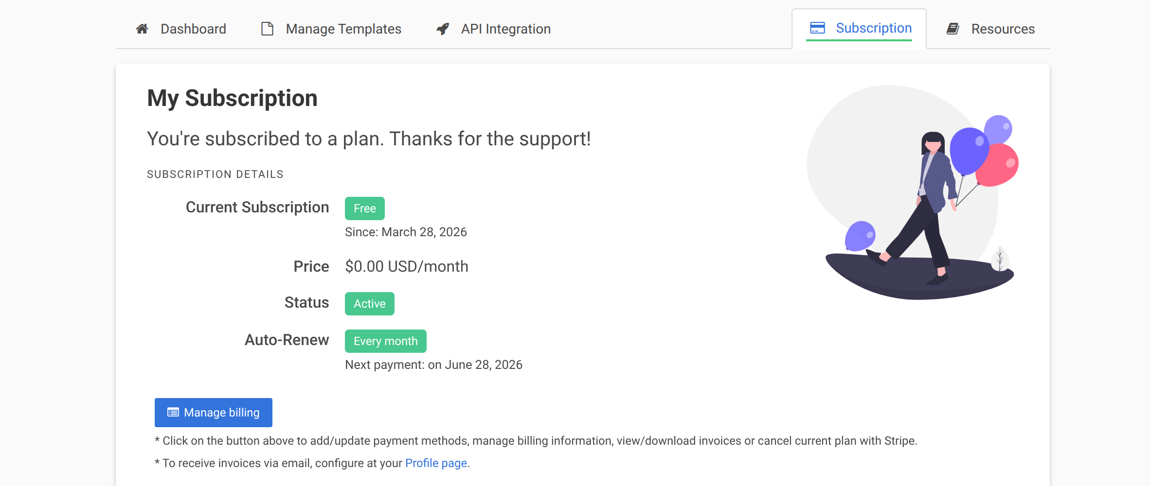 The Subscription page showing your current subscription