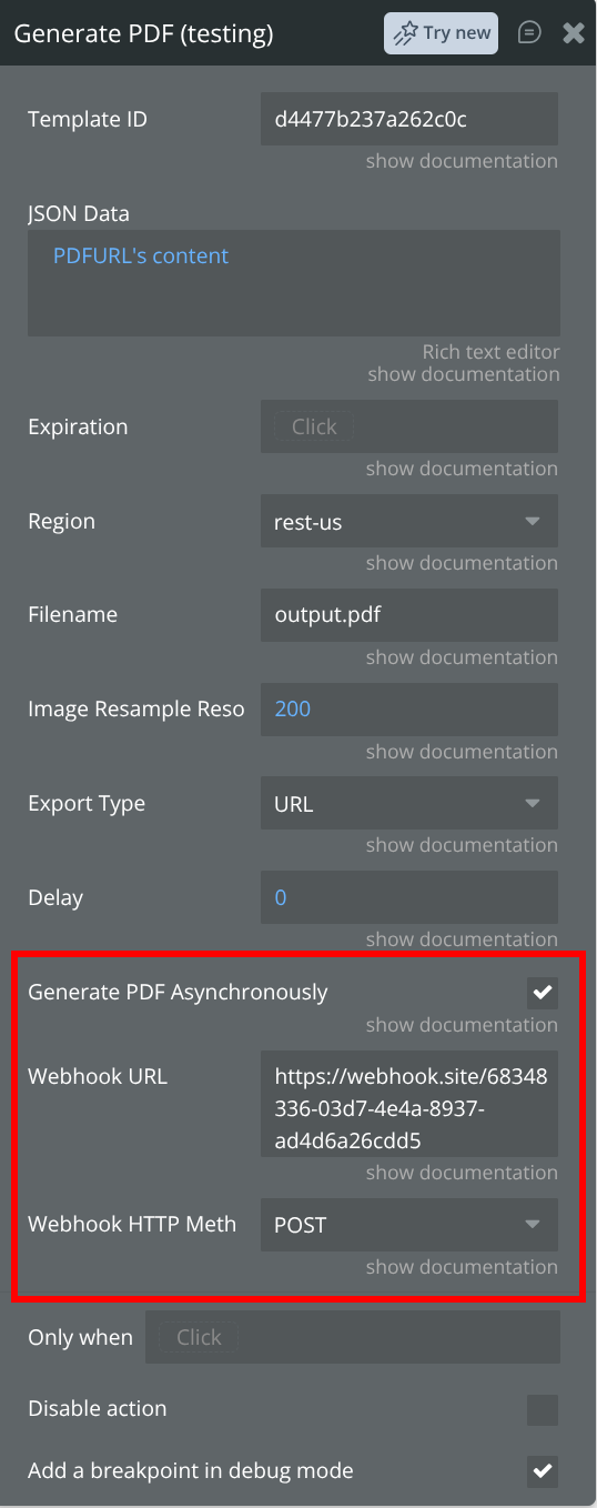 Generate PDF asynchronously options in the Bubble plugin
