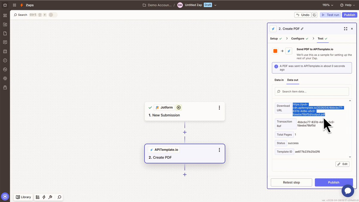 Zapier: test the PDF generation action