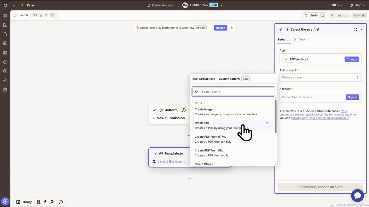 Zapier: select APITemplate.io Create PDF action