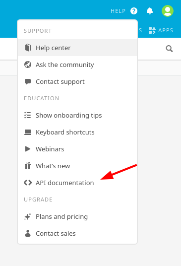 Airtable's Help menu open, with API documentation arrowed out near the bottom of the list