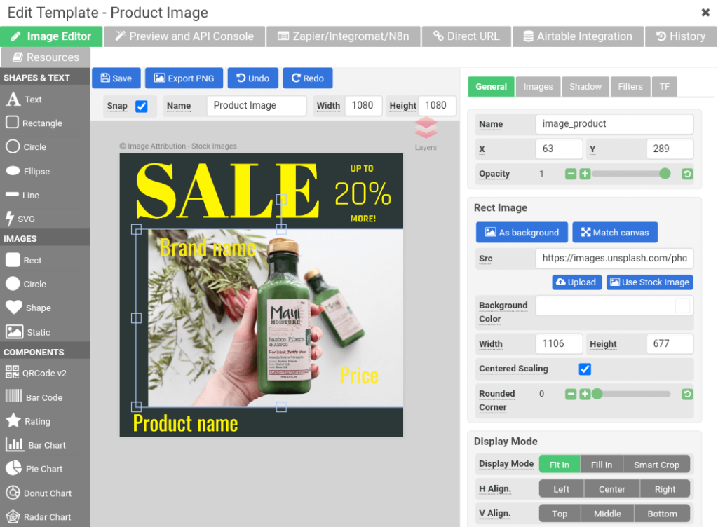 Editing template in image editor of APITemplate.io for image generation automation in Zapier