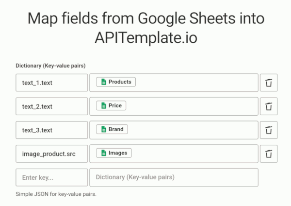 Pasting properties of visual elements from APITemplate.io in Dictionary as keys ( JSON image generator ) and inserting data for auto image generation