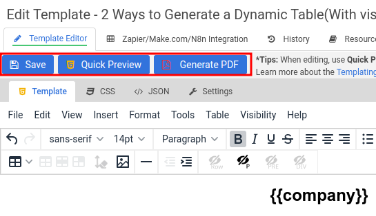 Template, CSS, JSON, Settings editor tabs