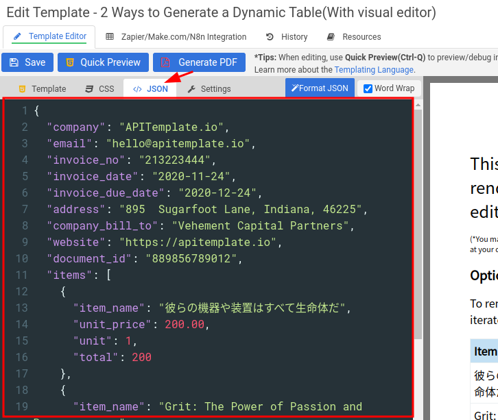 Save, Quick Preview, Generate PDF buttons