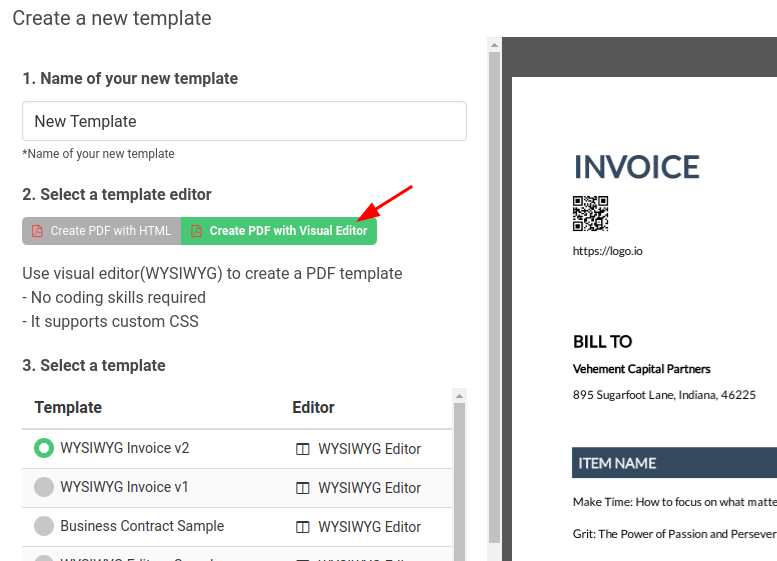 Template editor interface with preview pane