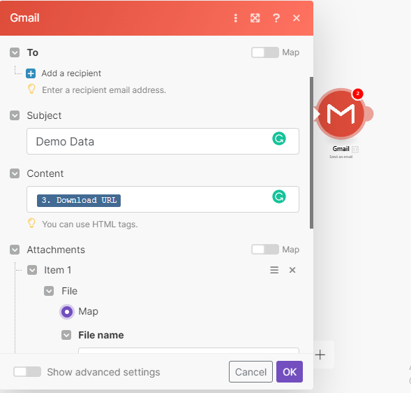 Make.com receipt field PDF link mapping