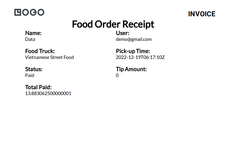 Generated food order receipt PDF sample document