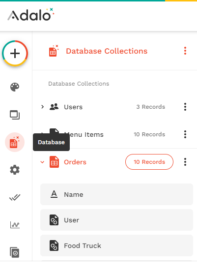 Adalo dashboard database tab navigation