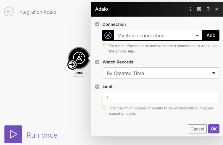 Make.com Adalo module watch record action