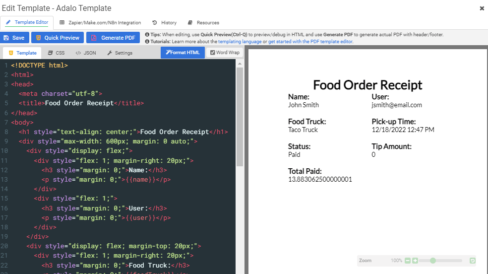 APITemplate edit customize PDF receipt button