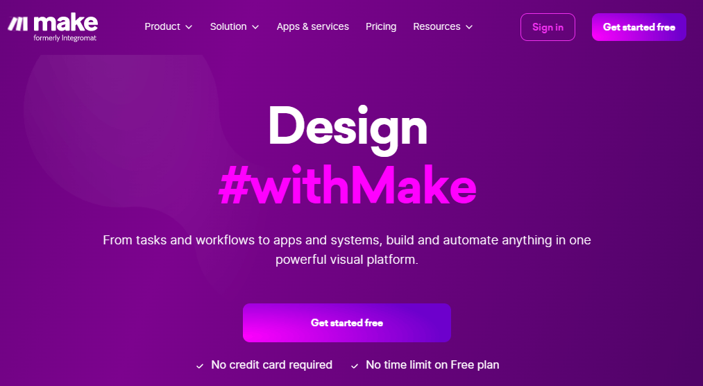 Make.com automation platform signup homepage