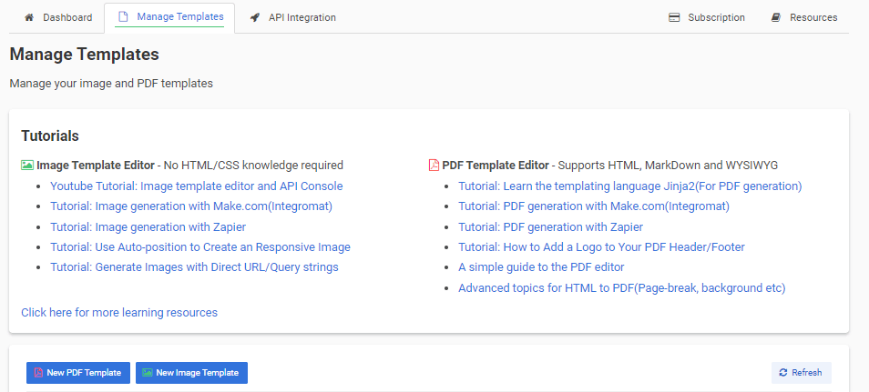 APITemplate manage templates new PDF button