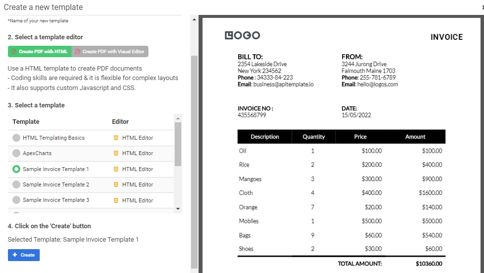 APITemplate invoice template library selection