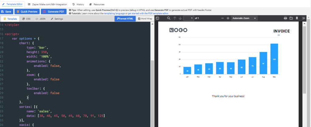 ApexCharts bar chart rendered inside APITemplate.io HTML template editor