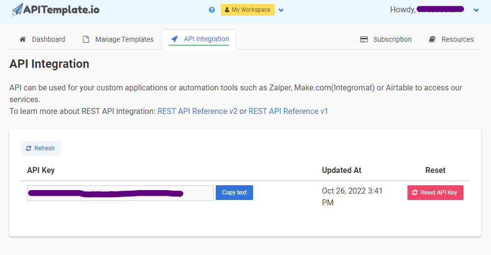 APITemplate.io dashboard showing API key in integration tab