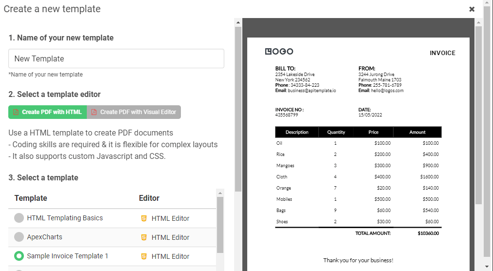 Creating a new PDF template in APITemplate.io template manager