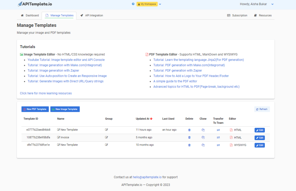 APITemplate manage templates page for PDF invoice creation