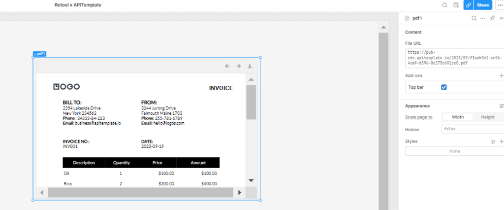 Invoice header table component configured in Retool