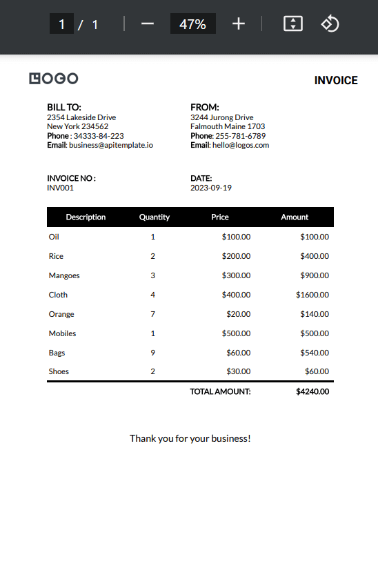 Retool API response returning generated PDF invoice URL