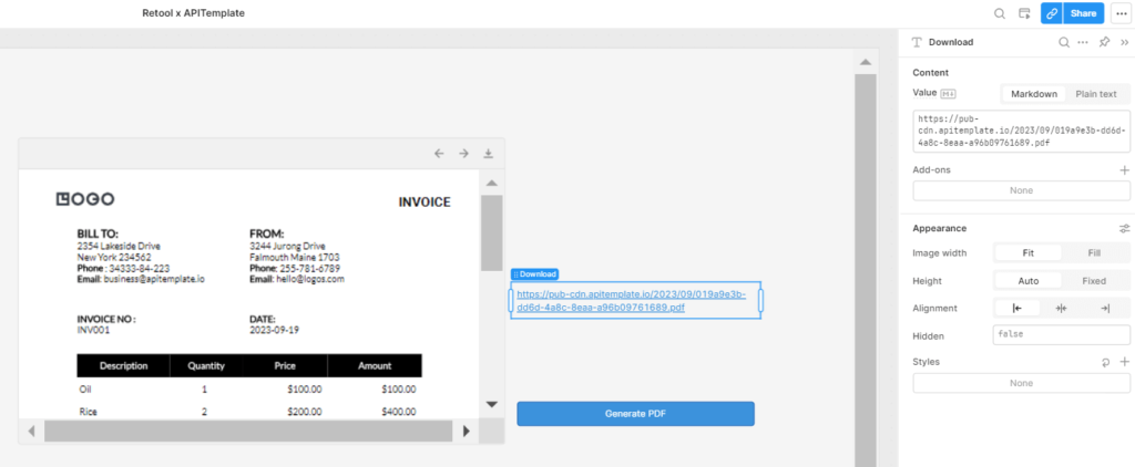 JSON body parameters for PDF invoice generation via APITemplate API