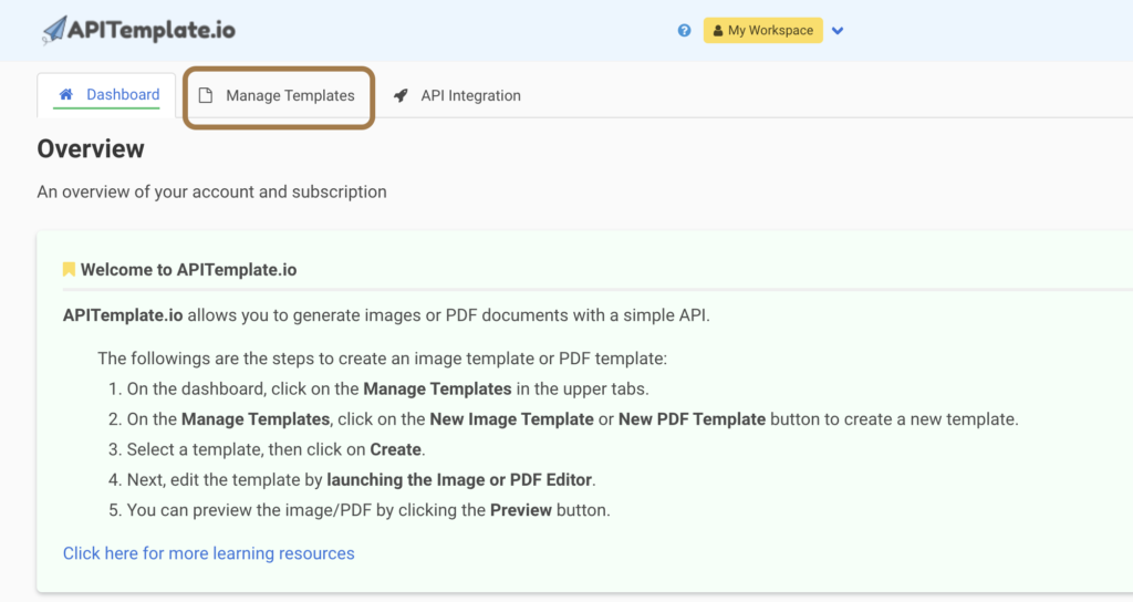 APITemplate.io Manage Templates dashboard to create and reuse PDF templates