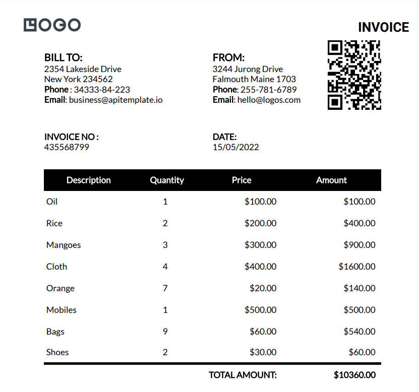 Generated invoice template with QR code