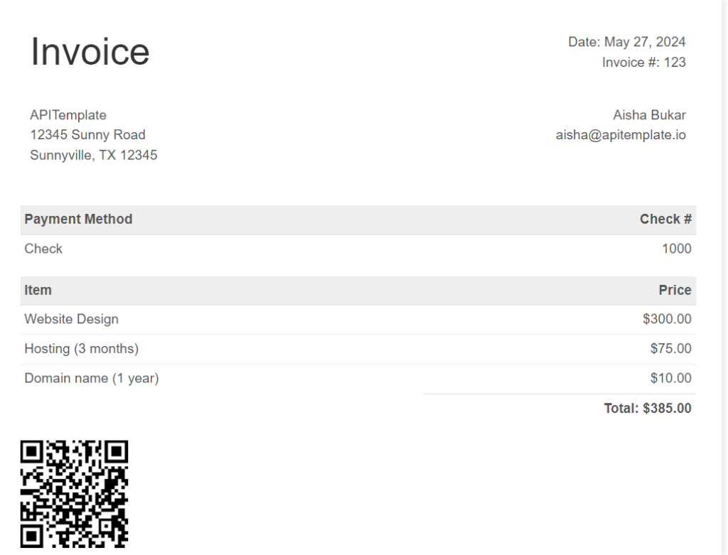 Sample invoice PDF with QR code