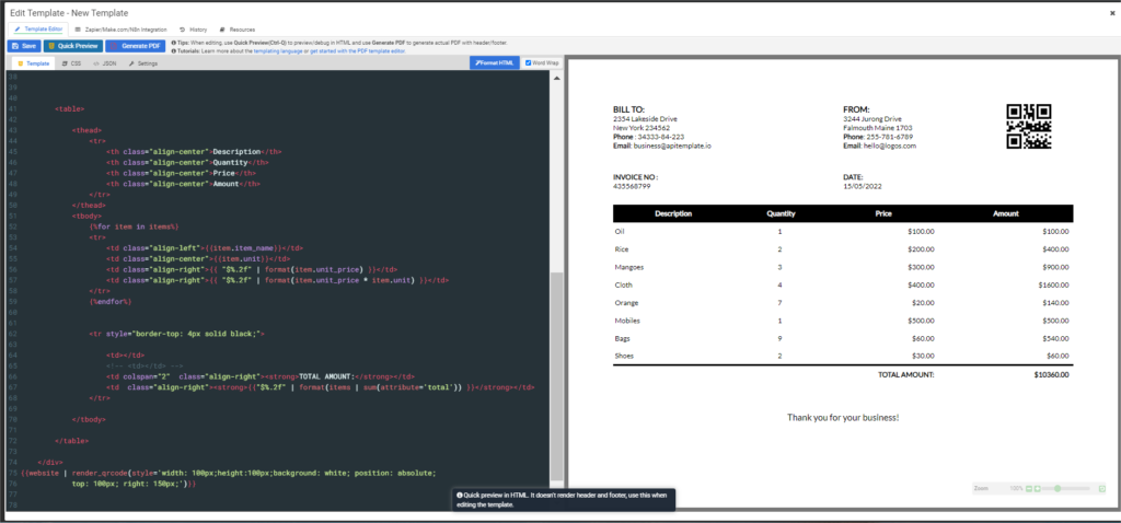 PDF invoice preview with QR code