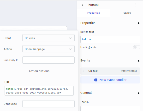 APITemplate REST API response in ToolJet showing the generated PDF download URL