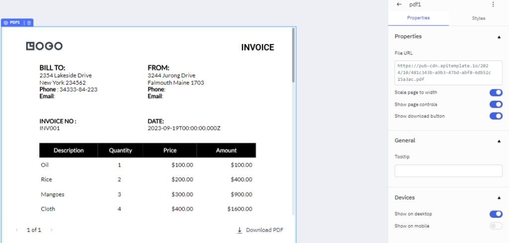 ToolJet Button component configured with an on-click event to open the generated PDF