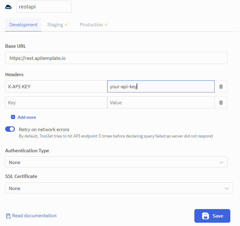 Creating a new app in ToolJet for the APITemplate PDF generation workflow