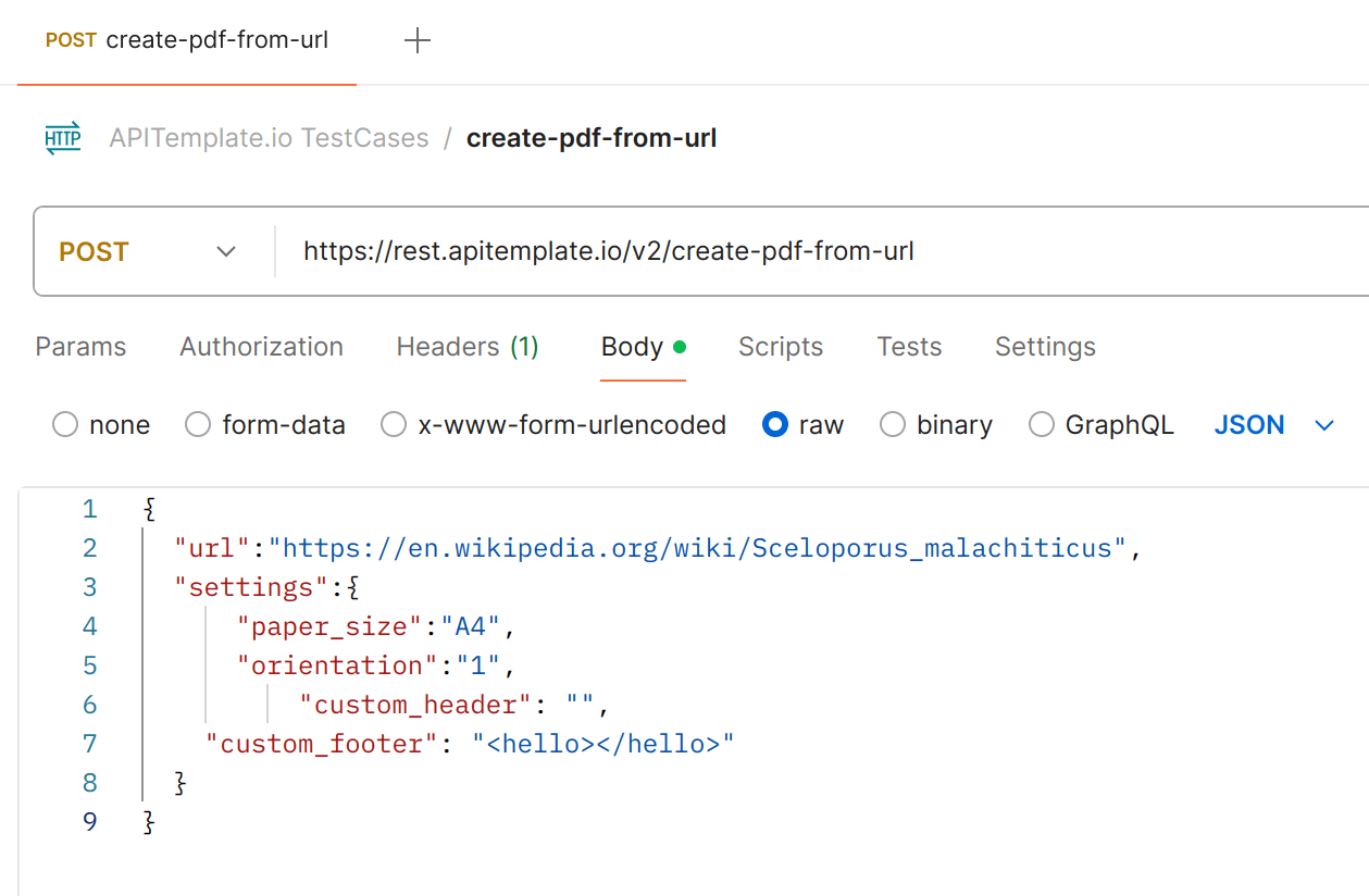 A Postman request to the create-pdf-from-url endpoint, with the target URL and page settings in the JSON body