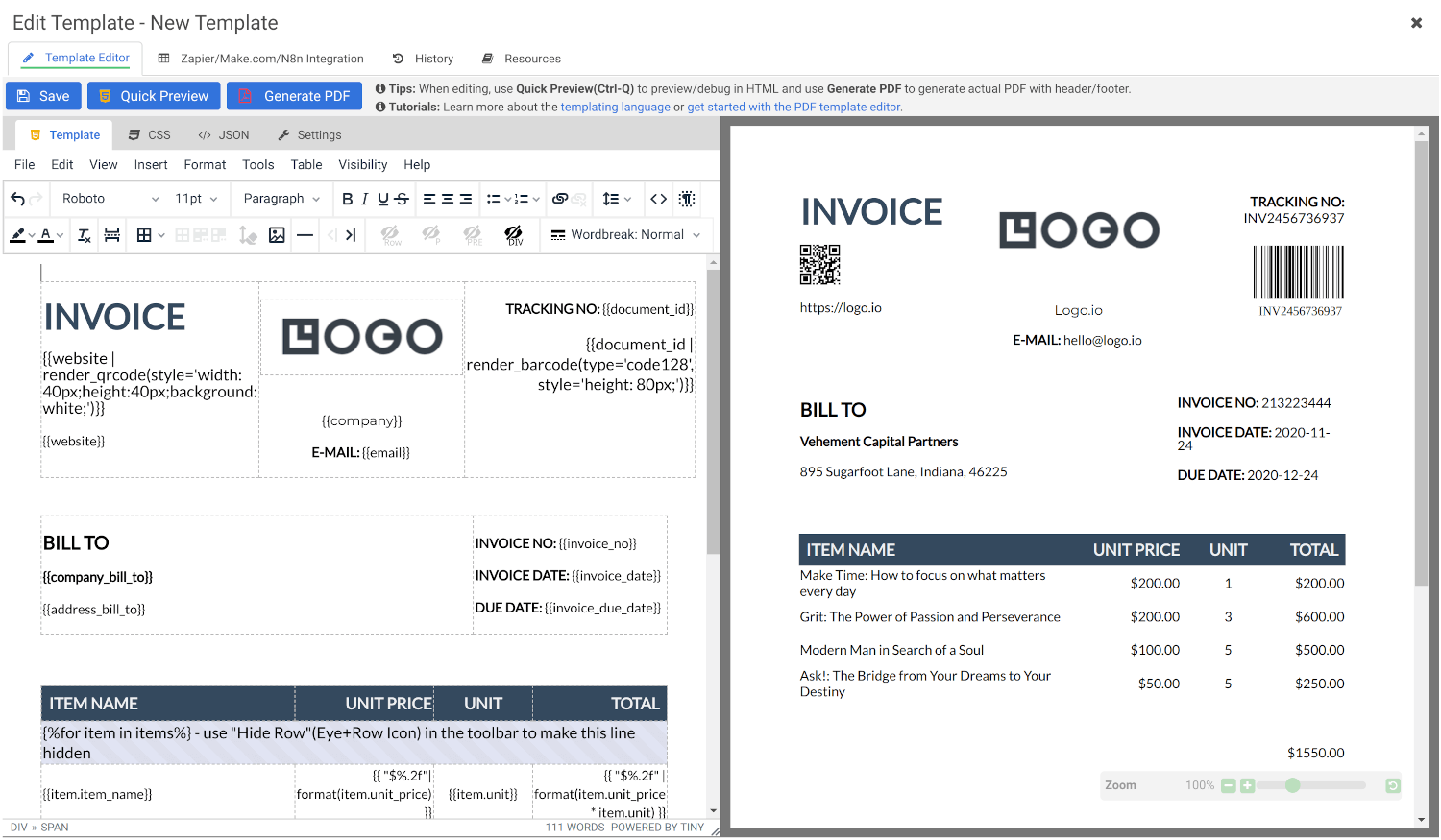 APITemplate.io's visual PDF template editor, showing a template beside its live preview