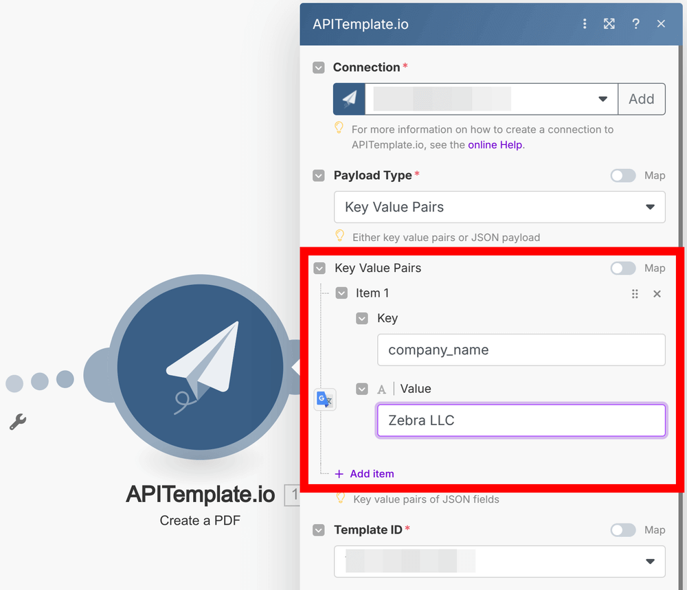 Make.com APITemplate module configuration