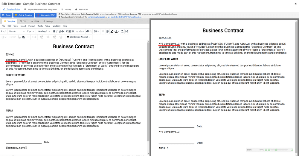 APITemplate PDF template editor placeholder