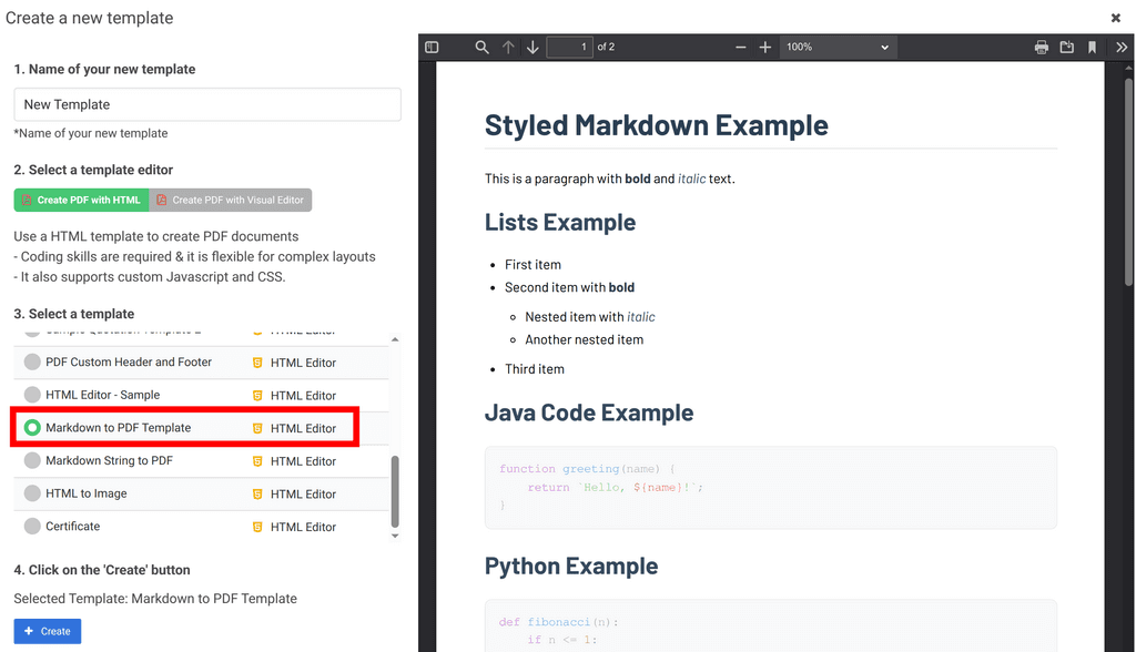 Create Markdown PDF template APITemplate