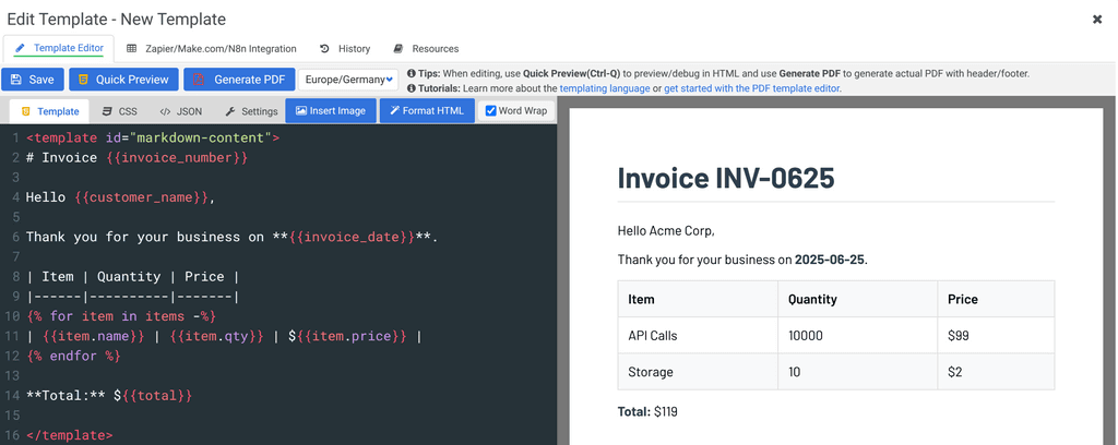 Edit Markdown Jinja2 invoice template