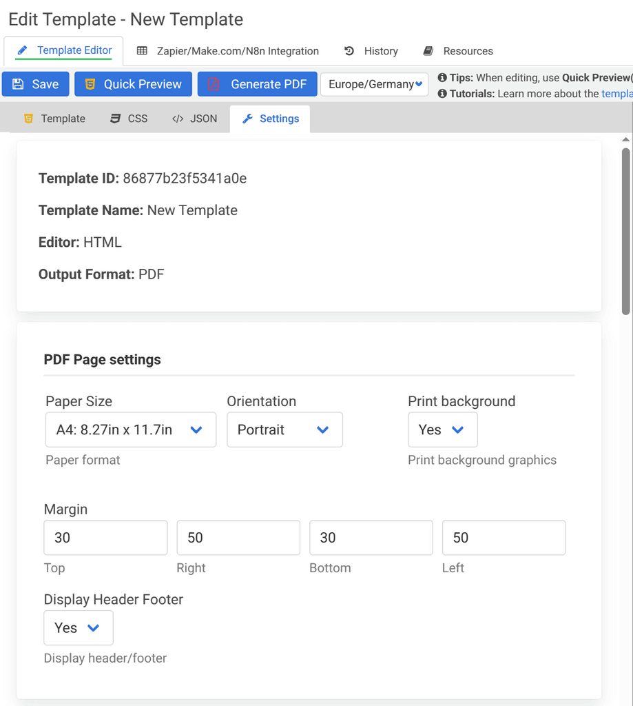 Markdown PDF headers and footers settings