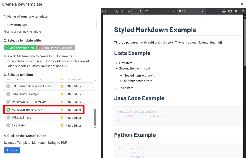 Markdown string to PDF template
