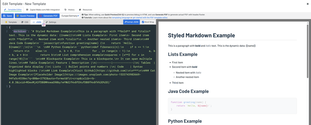 APITemplate Markdown string template editor
