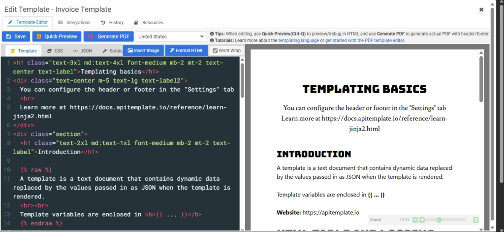 APITemplate template settings panel highlighting the Template ID needed for n8n API requests