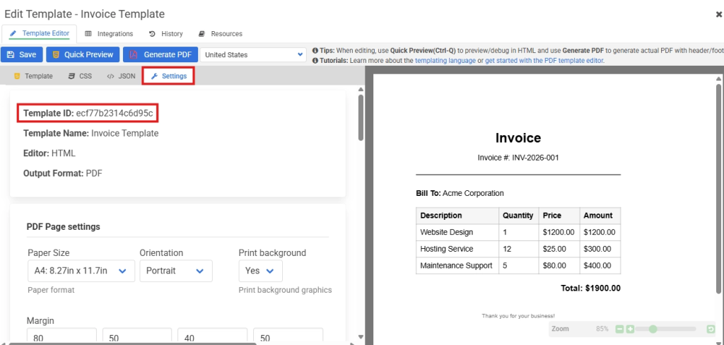 Completed n8n workflow connecting Manual Trigger, Edit Fields, and HTTP Request nodes to generate a PDF with APITemplate
