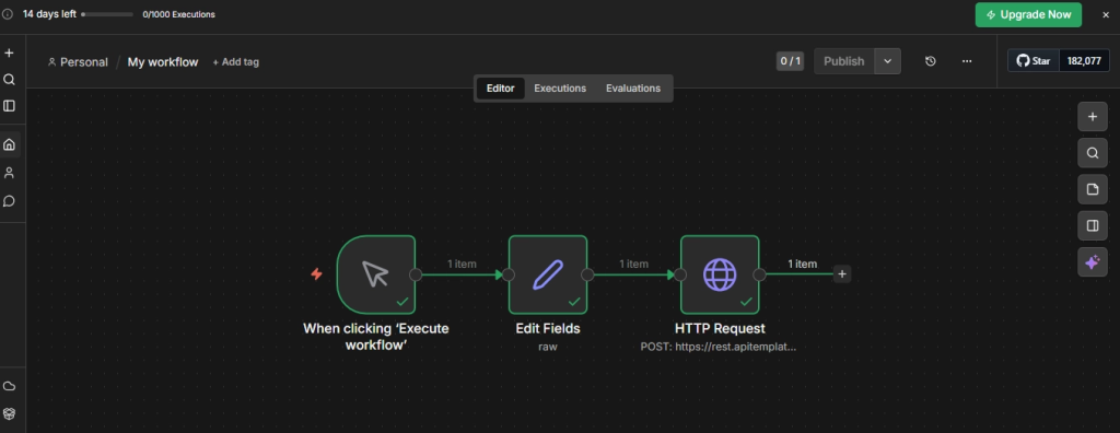 Adding a Manual Trigger node in n8n as the starting step of the PDF generation workflow