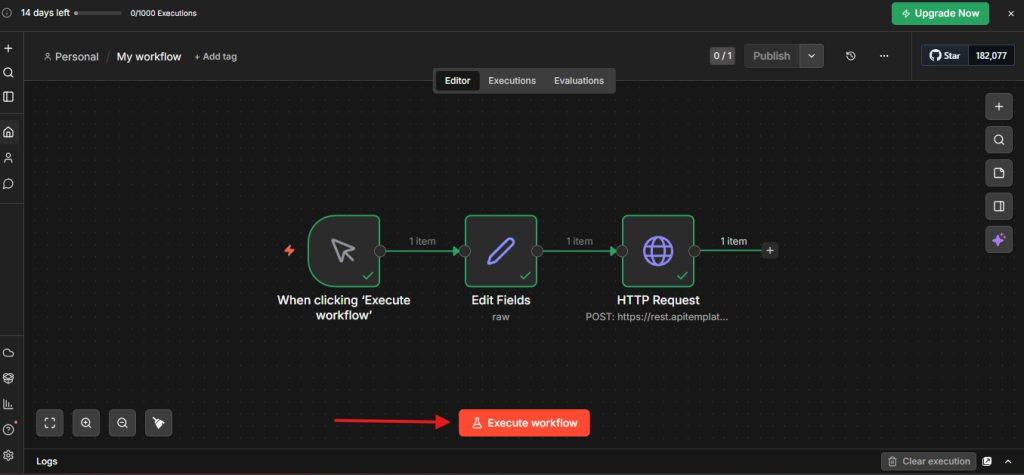 n8n HTTP Request node configured with POST method and APITemplate v2 create-pdf endpoin65
