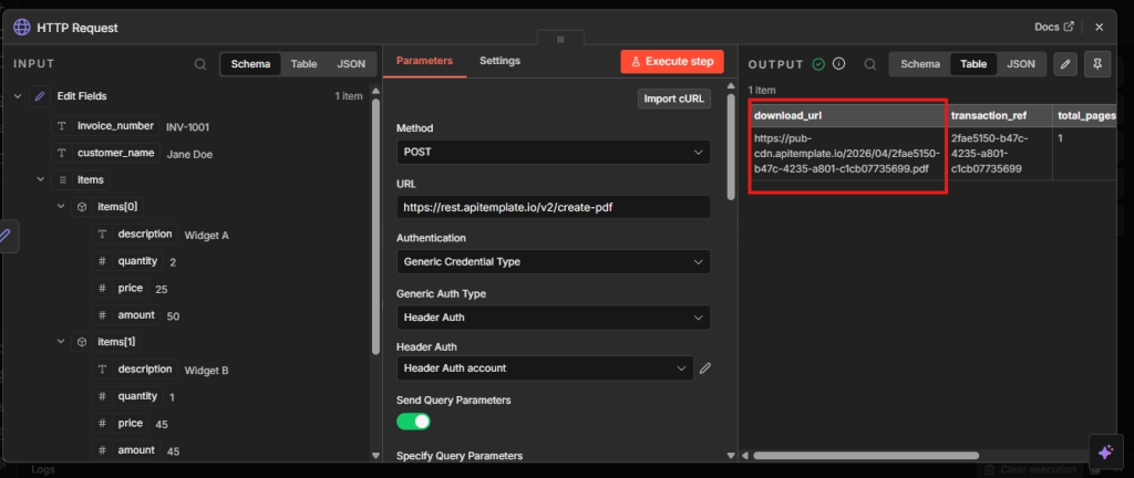 Generated PDF invoice opened in a browser, populated with sample customer and line-item data from n8n
