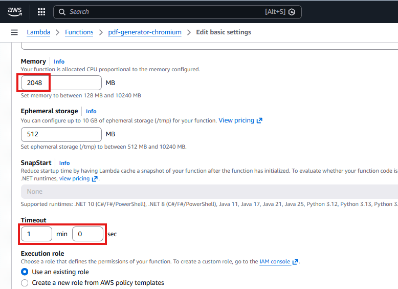 The General configuration panel displays the memory allocation slider set to 2048 MB and timeout field set to 1 minute.