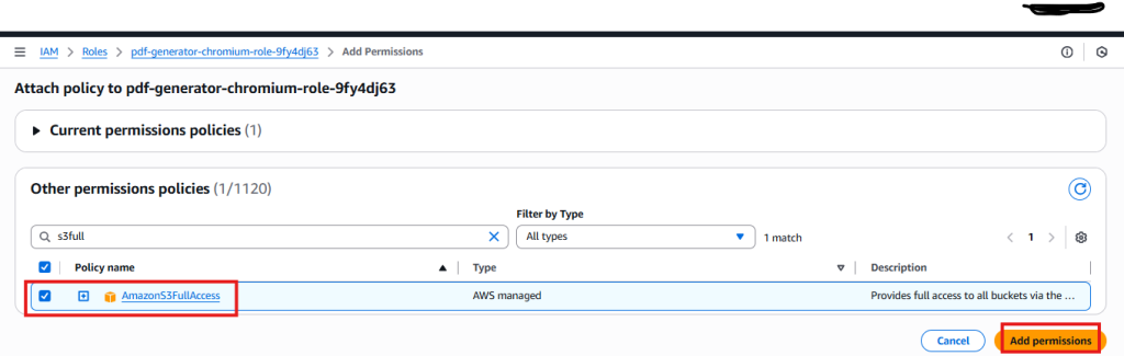 The IAM Role Permissions tab shows AmazonS3FullAccess policy listed under attached permissions.
