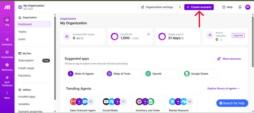 The Make.com dashboard is where you’ll build your automation. Click ‘Create a new scenario’ to get started.
