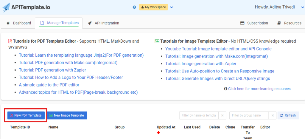 Go to the manage templates tab and click on “New PDF Template”